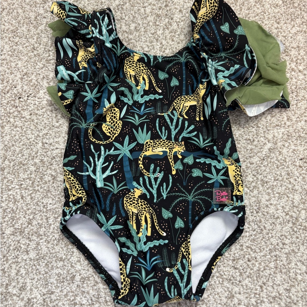 Ruffle Butts Kids Swim One Piece - Black and Green Jungle Print